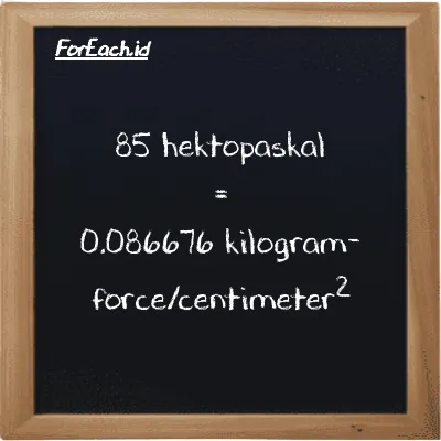 85 hektopaskal setara dengan 0.086676 kilogram-force/centimeter<sup>2</sup> (85 hPa setara dengan 0.086676 kgf/cm<sup>2</sup>)